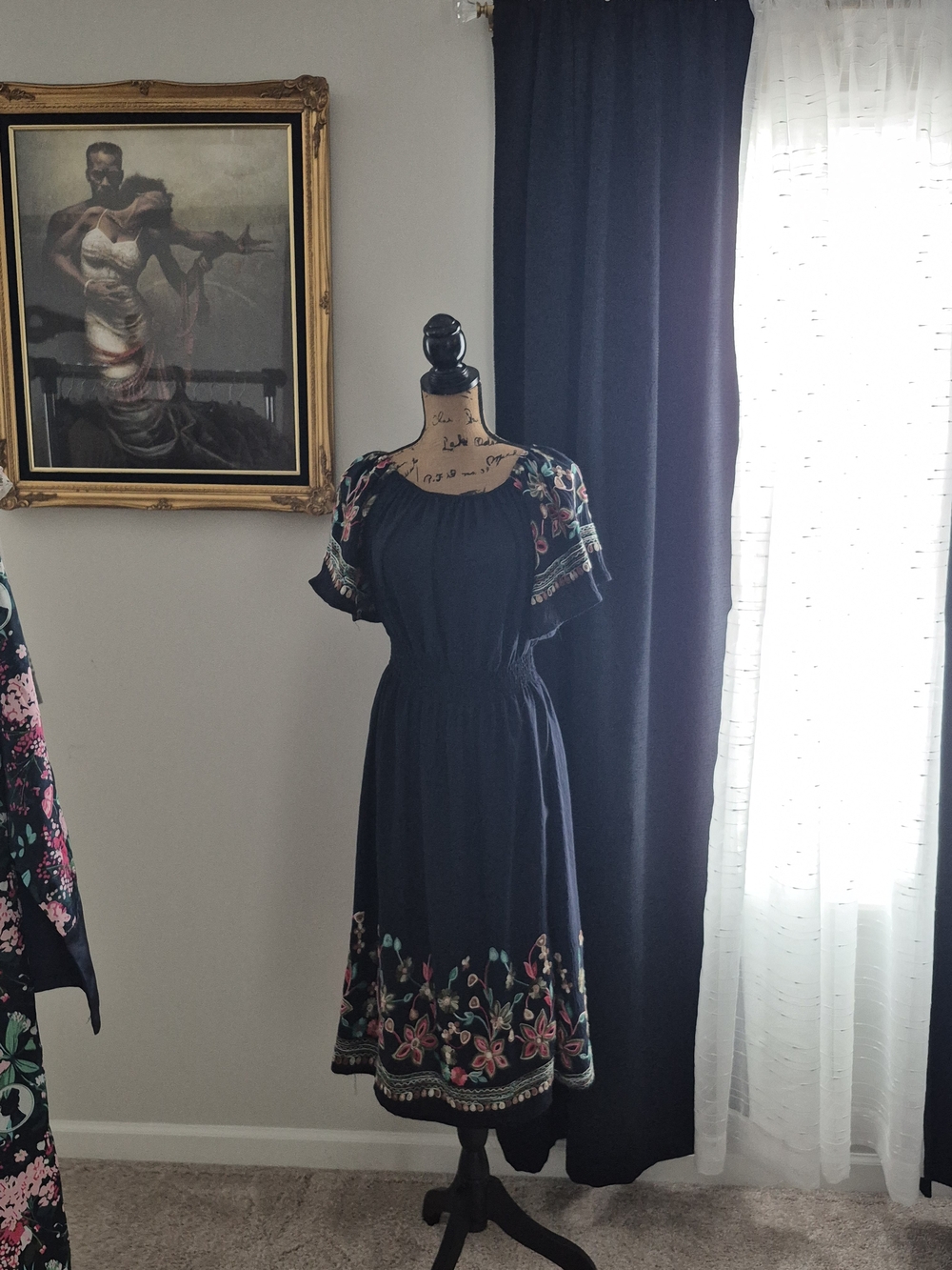 & Other Stories Navy Embroidered Floral Midi Dress